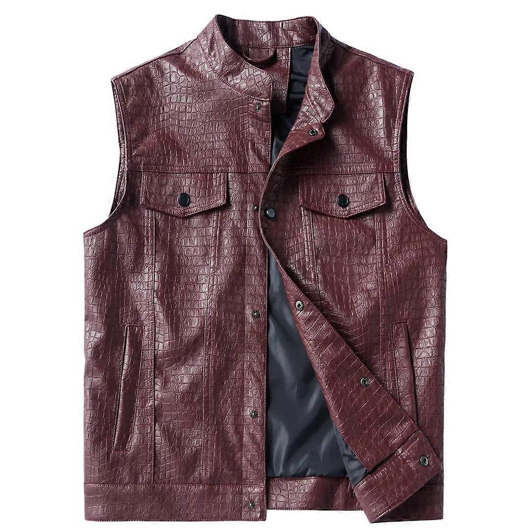 Mens Classic Multi Pocket Leather Vest Solid Color Sleeveless Jacket Riding Biker Vest Red Croc XL, Red Crocodile Effect