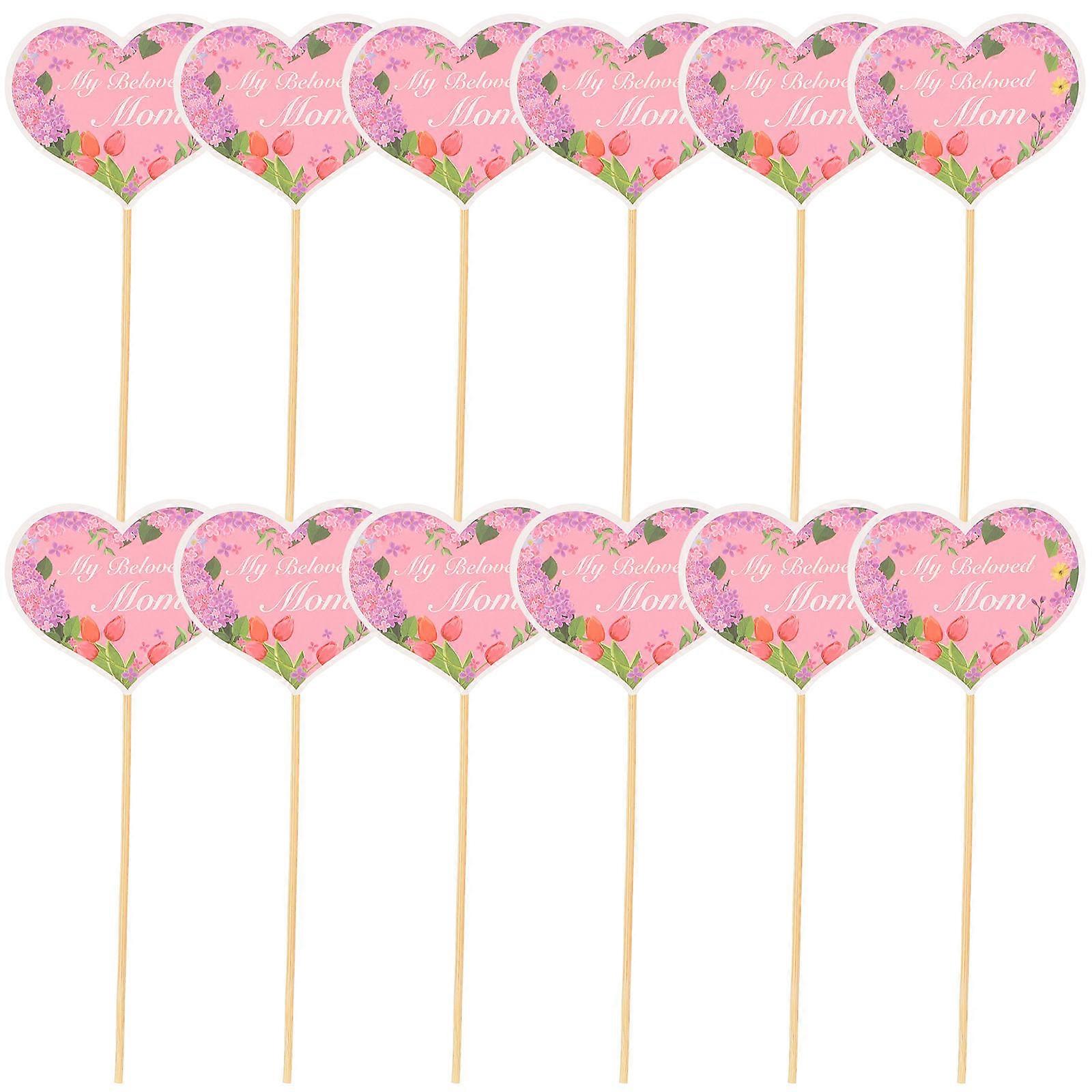 Pink Mother's Day Cupcake Toppers with Heart Shape Picks for Decor Proper Length Stick 48pcs
