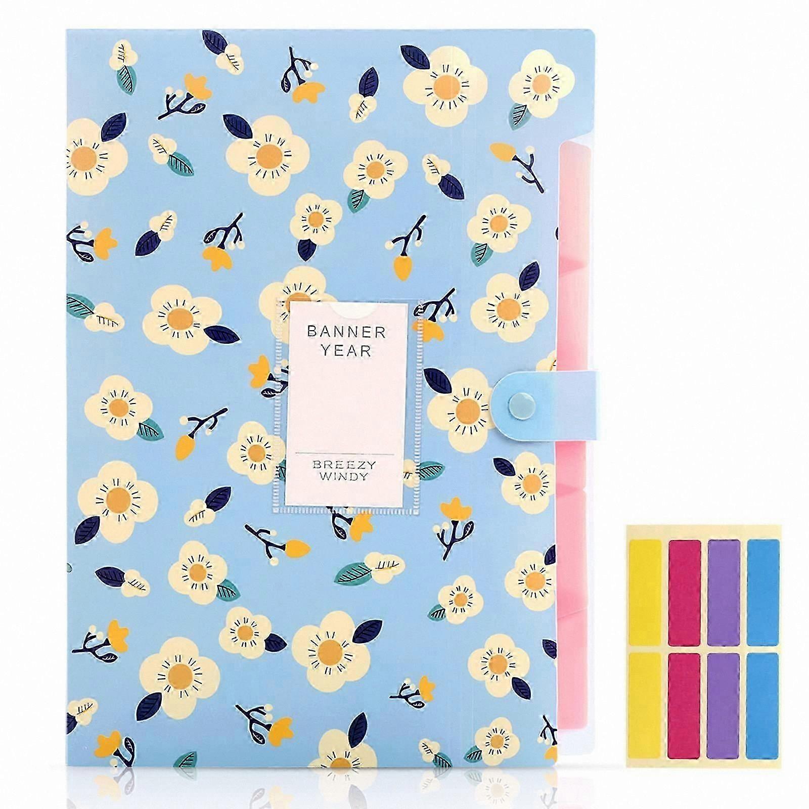 A4 Expanding File Folder with 5 Pockets, Floral Print Paper Organizer, Blue Document Storage Solution