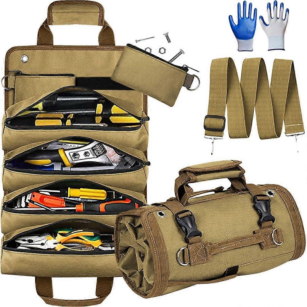 WerkzeugrollentaschenOrganizer, tool roll bag, chisel roll, multipurpose tool bag with 2 detachable pouches and 4 zippered tool pockets (Khaki)