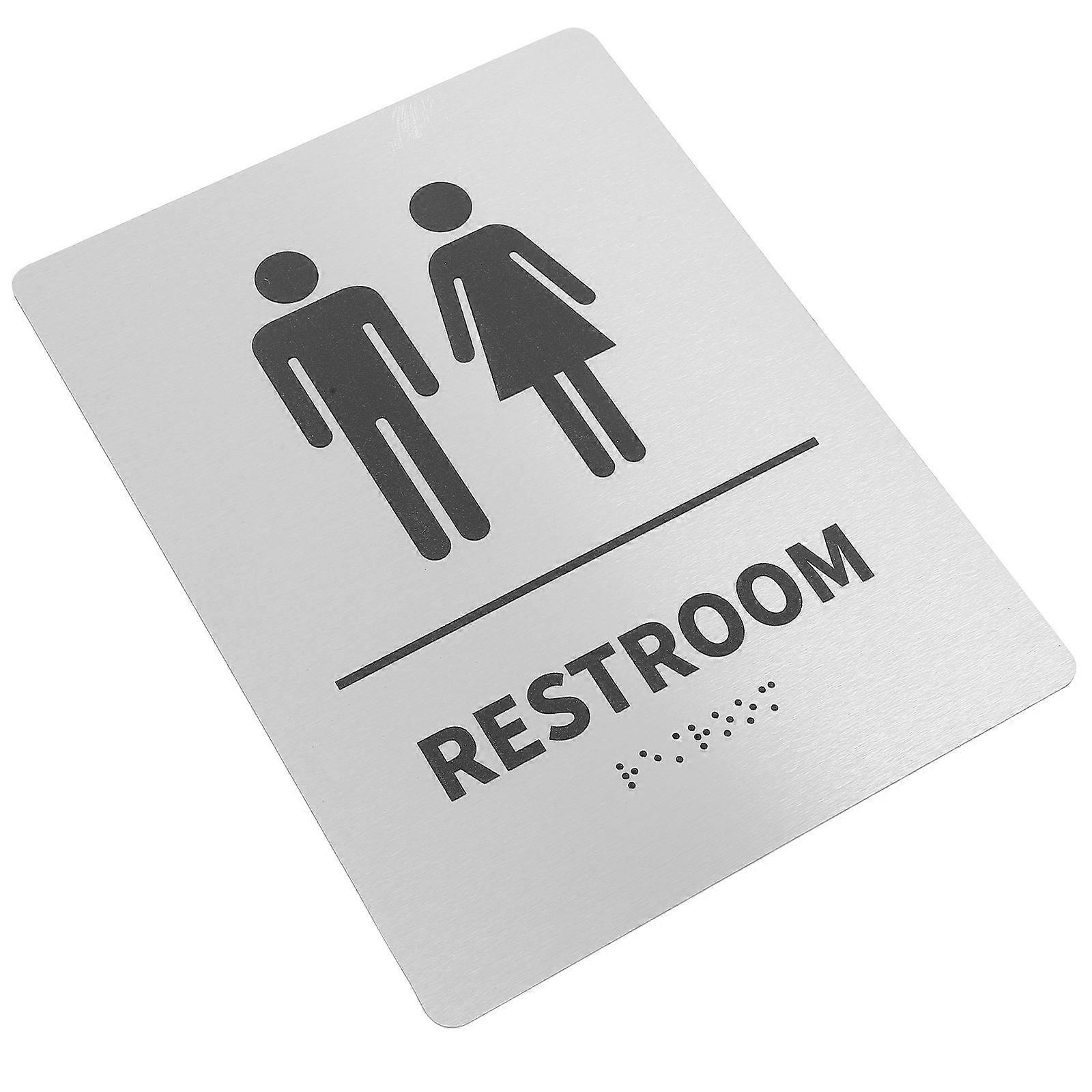 Bathroom Sign with Braille and Clear Symbols for Restroom Identification Adhesive Mounting Silver