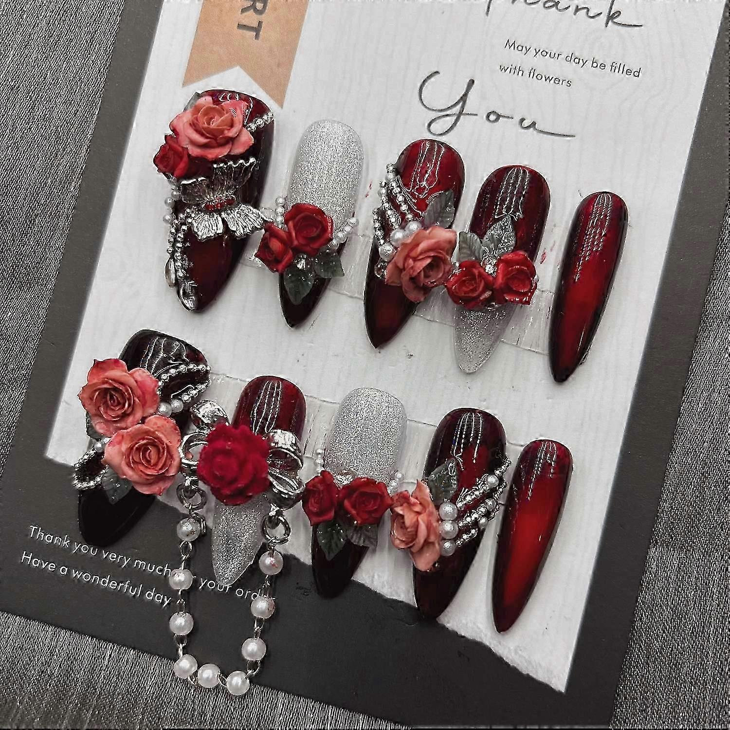Dark Red Rose Tassel Press on Nails Gothic French Medium Long