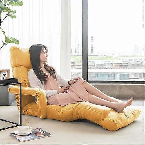 Folding Lazy Sofa Chair, Back Support And Armrest, FloorStanding Single Recliner Lounger Sleeper, White With Yellow