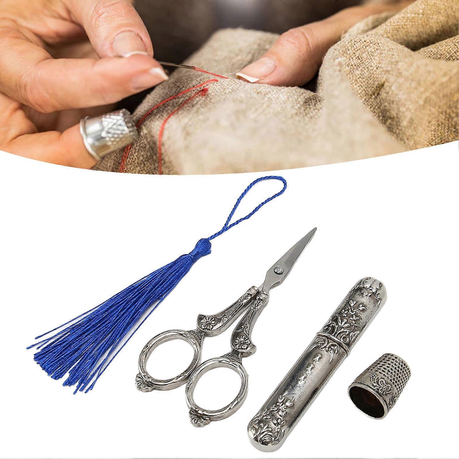 3-Piece Vintage Embroidery Scissors Kit with Thimble & Needle Case