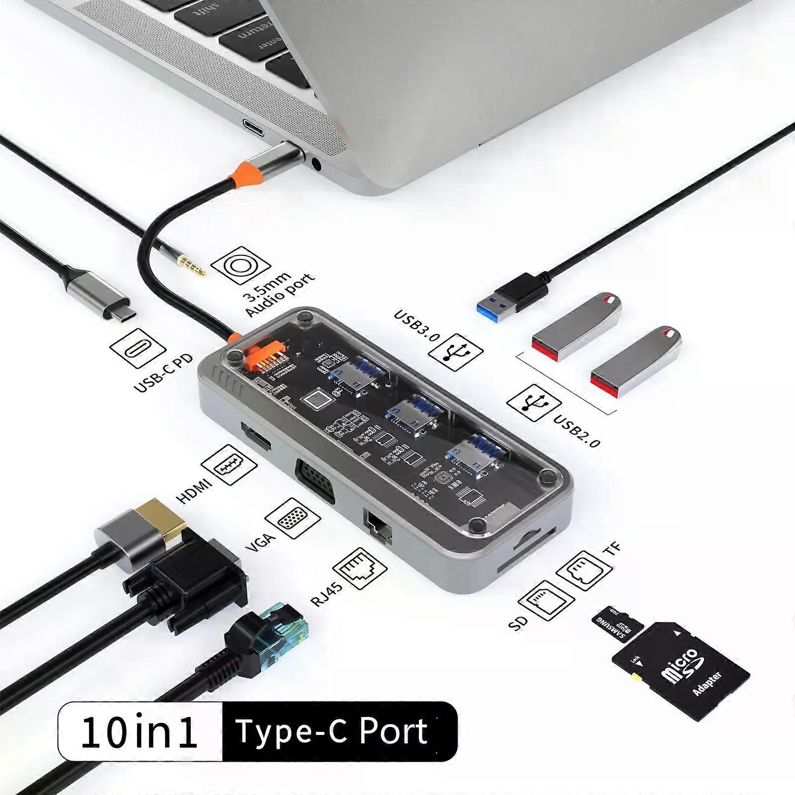 Usb c hub 10in1 HUB 4K30Hz Dock Station Type C to HDMI-Compatible PD100W RJ45 Ethernet for MacBook iPad Huawei Sumsang Phone