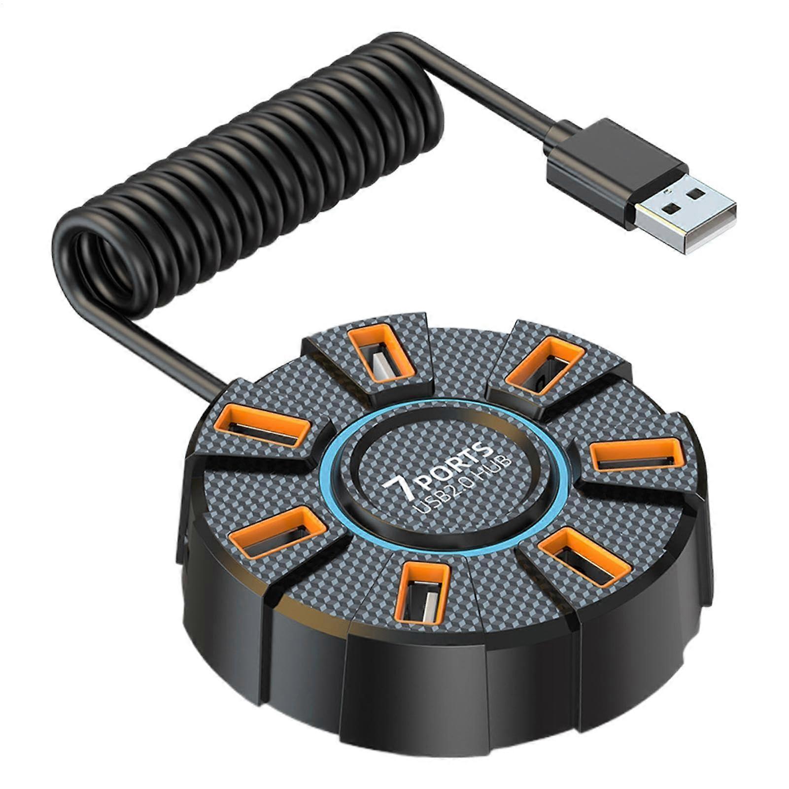 USB Splitter Cable, 7Port Round Hub, 1.2 m USB Adapter, LED Lights, for Keyboard, Flash Drive, and Other USB Devices