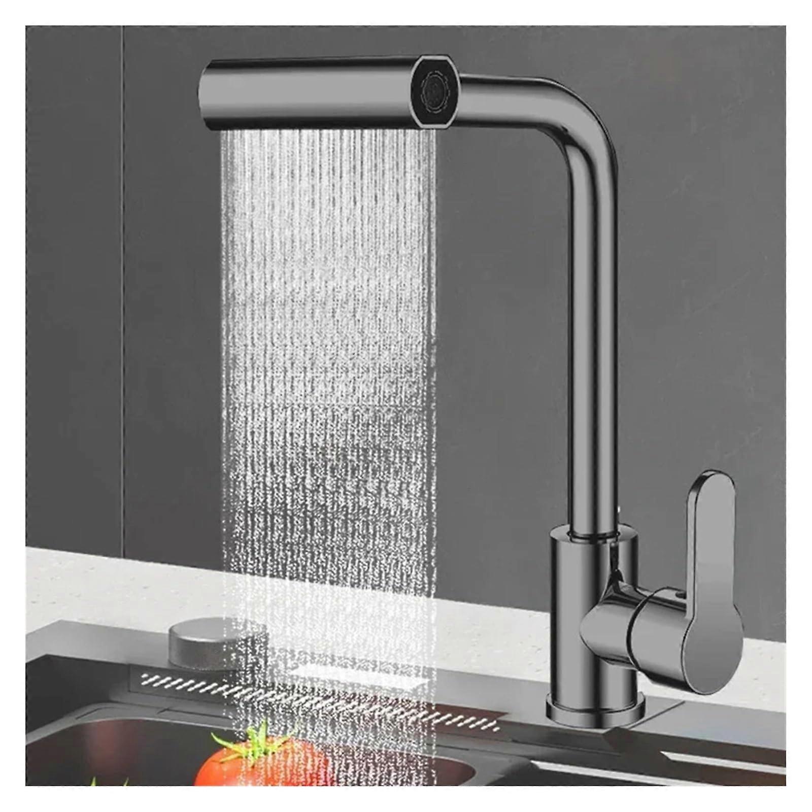 Waterfall Hot and Cold Mixer Sink Faucet with Rainwater Sprinkler, Four Modes, Gun Grey, G1/2 Installation