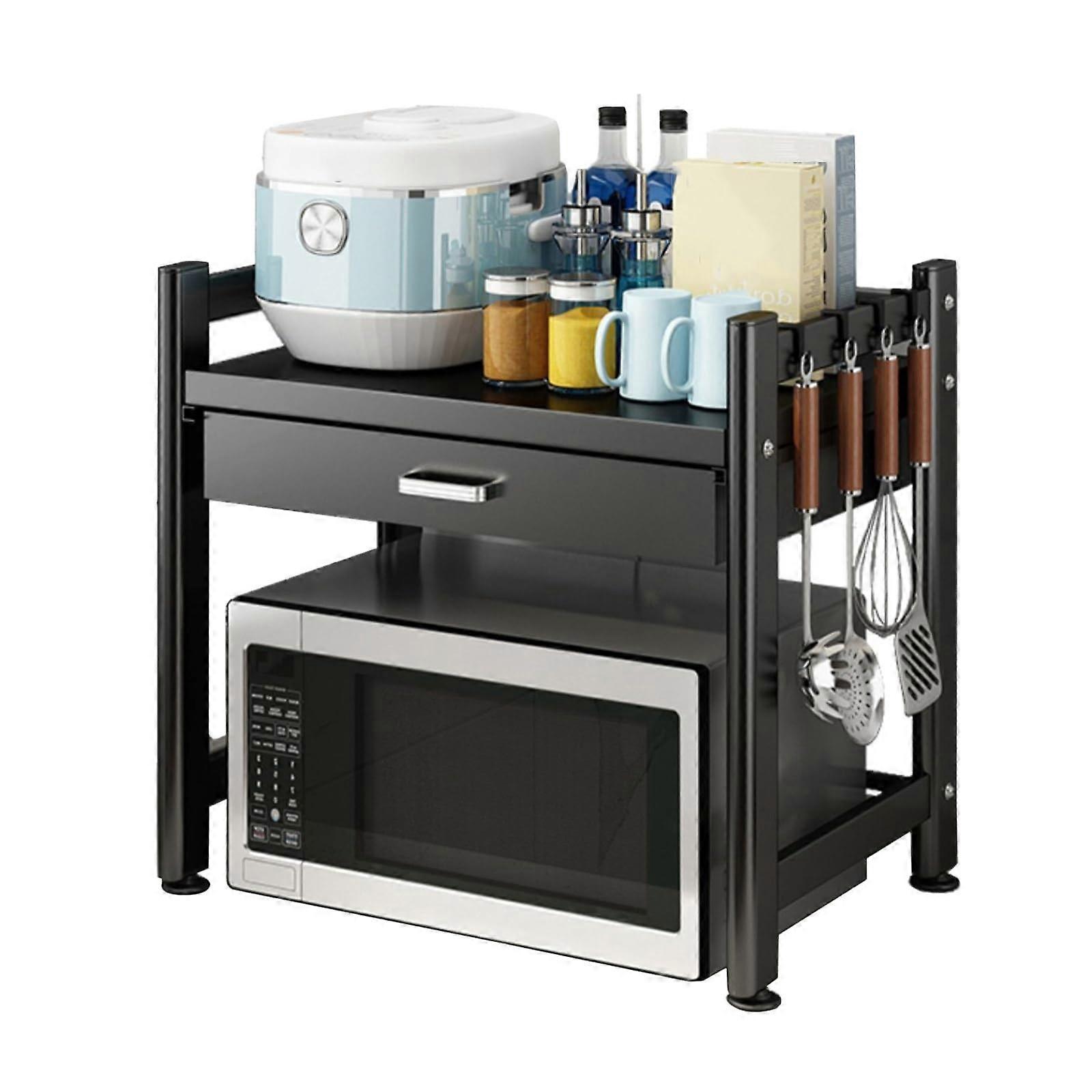 SpaceSaving Countertop Microwave Stand With Drawer And Hook, Black Metal Kitchen Organizer Rack For Home And Office