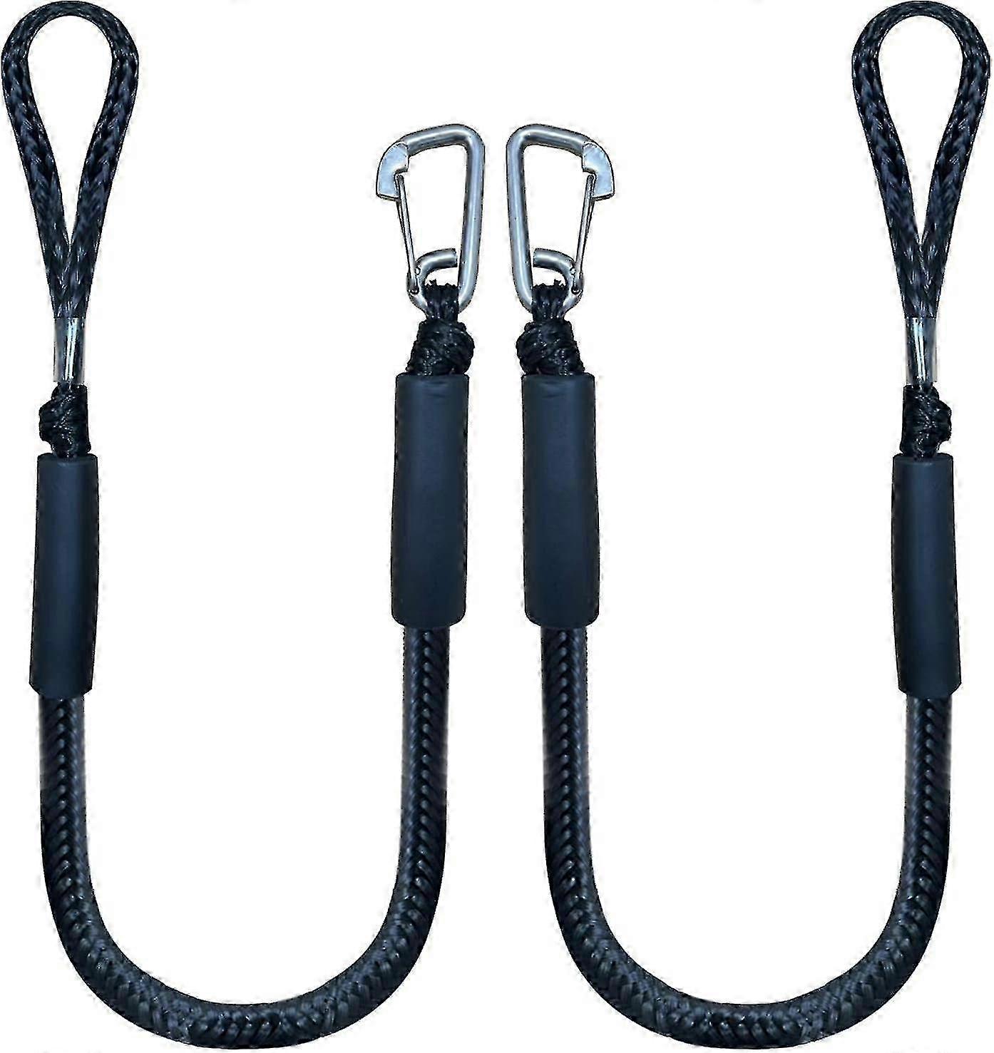 Bungee dock line for boat mooring, 4 ft black rope with hook 2 pack