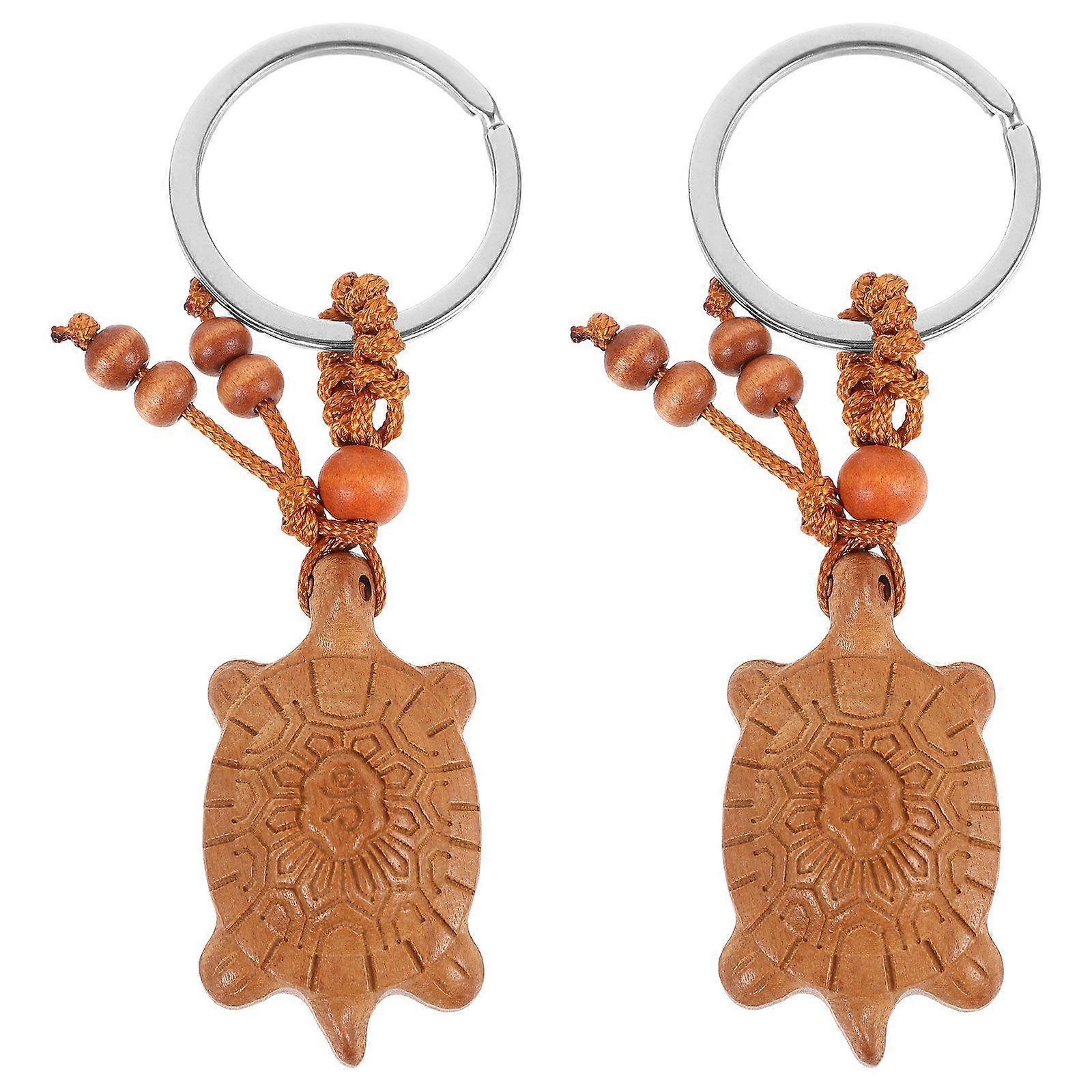 2pcs Longevity Tortoise Pendant Keychain Wooden Carved Turtle Keychain Keyrings