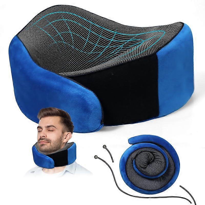 Travel Neck Pillow for Airplanes with 360° Neck Chin Support, Memory Foam, Washable Cover, Blue