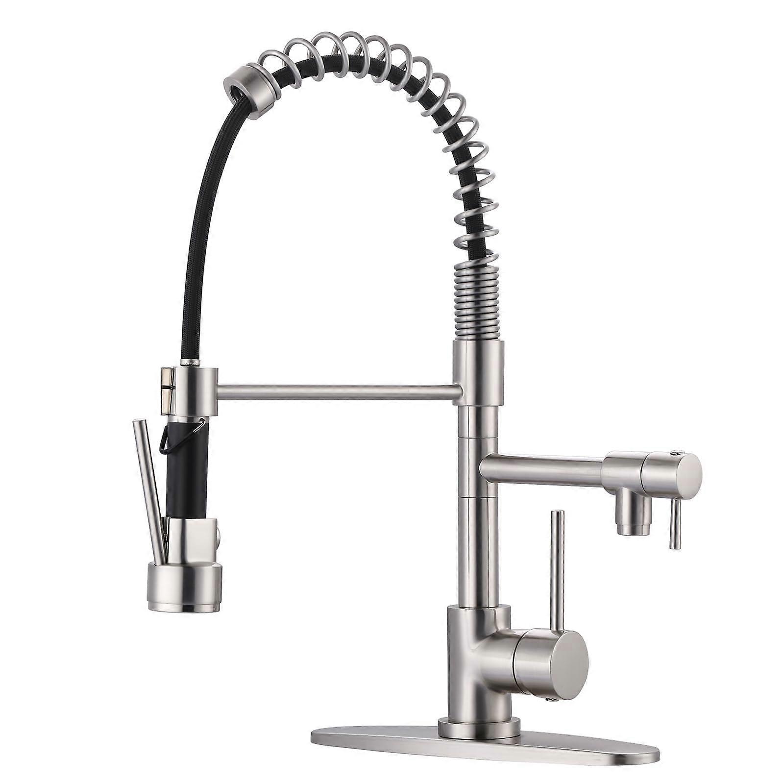Brushed Nickel Kitchen Faucet Solid Brass  Arc Spring Design with Dual Spouts and Pull Down Sprayer
