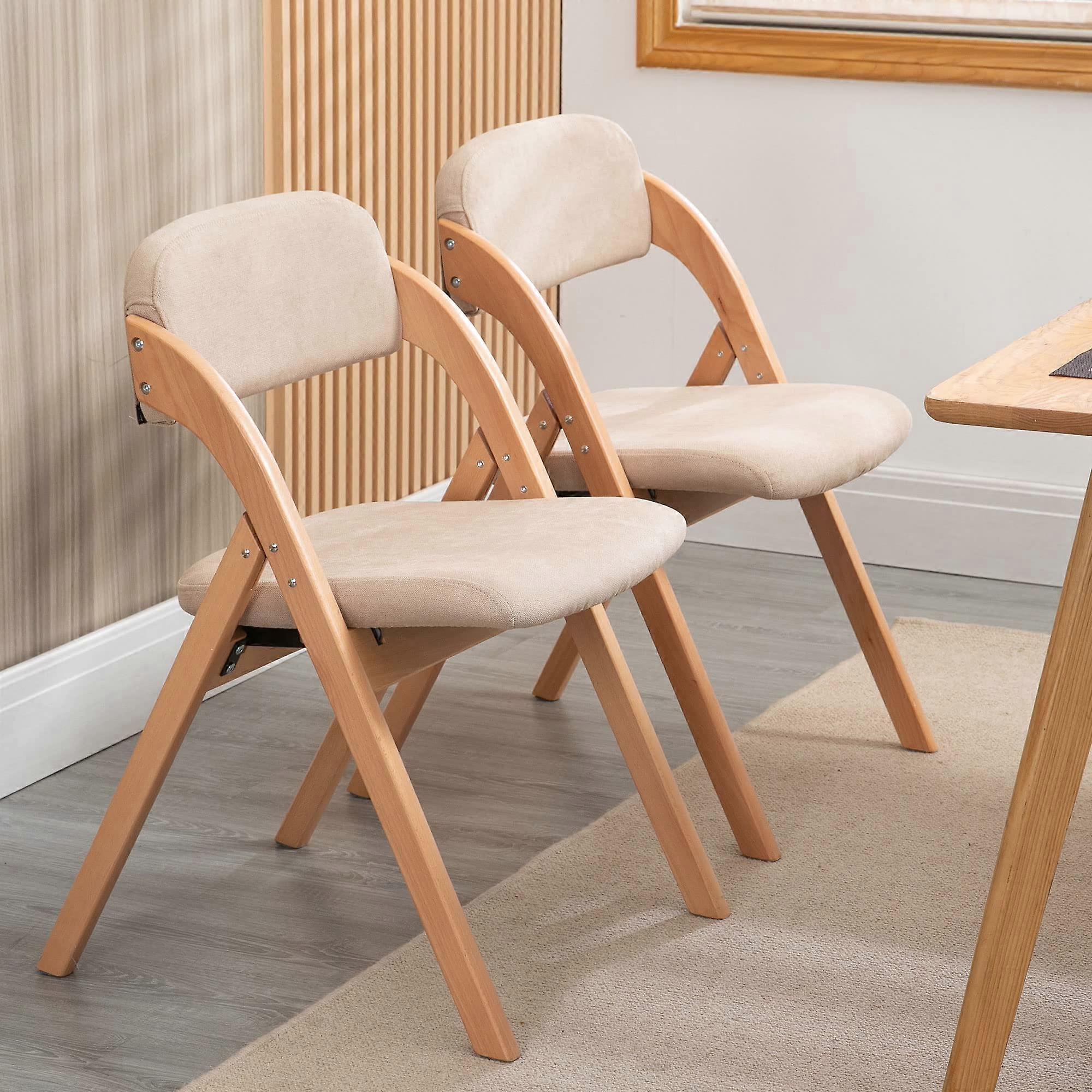 Wooden Folding Chairs with Padded Seats Set of 2, Beechwood Frame Removable Covers for Dining and Events, Khaki