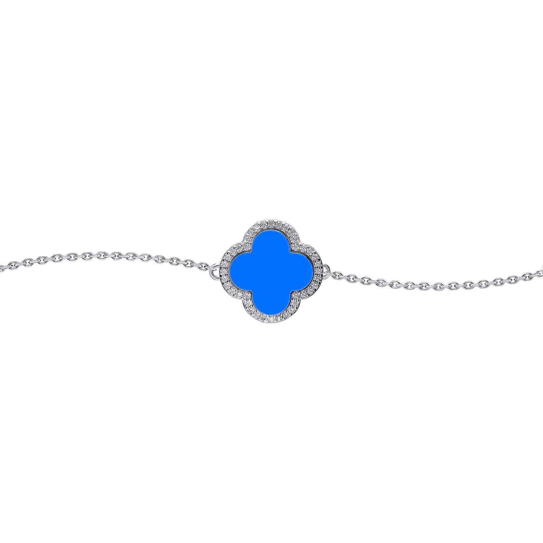 Jewelco London Silver Blue Clover Agate & CZ Halo Lucky Charm Chain Bracelet 7-8.5"