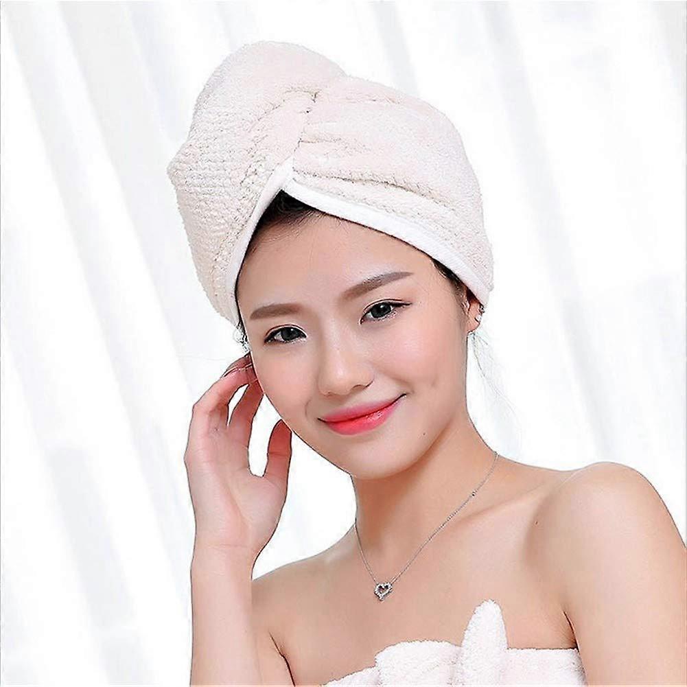 Microfiber Quick Dry Hair Drying Towel Cap with Super Absorbent Soft Fabric and Button Closure  Beige