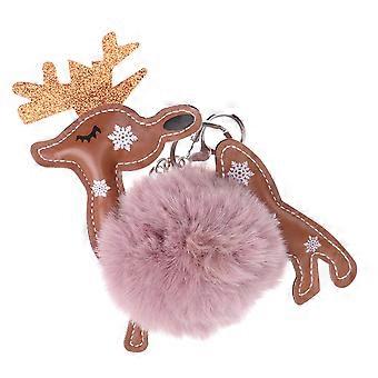 Handbag Hanging Keychain Elk for Christmas Pink Fluffy Ball
