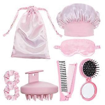 Women's Haircare Essential 8pcs Set With Moisture Wicking Shower Caps Silk Sleep Mask Compact Foldable Comb Scalp Brush WS