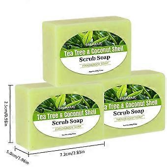Tea Tree og kokos eksfolierende såpestykker, 3-pakning 3-i-1 dyp poreskrubb, reisestørrelse 100 g hver for ansikt kropp og hender