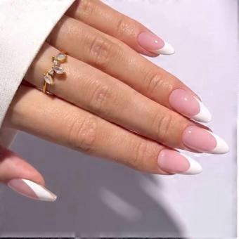 24 Pcs Short Almond Press On Nails Glossy French Tips Acrylic Stick On Nails for Salon Style-ad