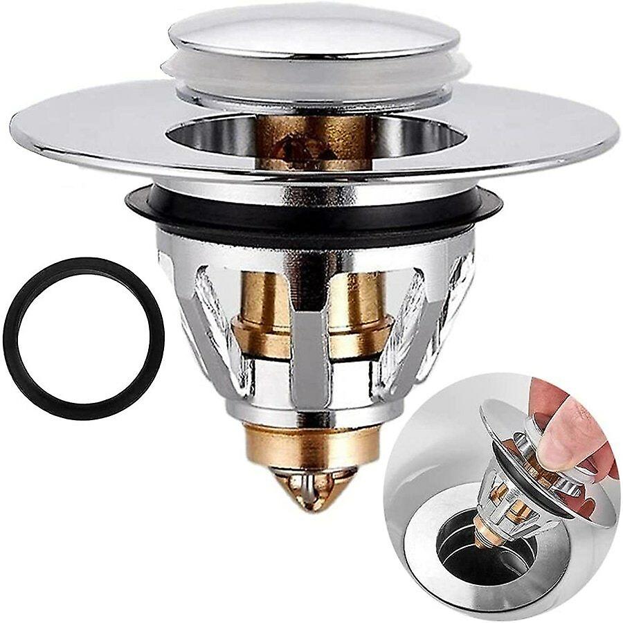 Upgraded Universal Wash Basin Drain Filter With Basket - No Overflow, Fits 33.6-36.9mm Holes, Pops Up Sink Plug