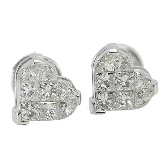 18k White Gold Invisible Setting Princess Cut Diamond Heart Earrings (1.5 Ct, G Color, VS Clarity)