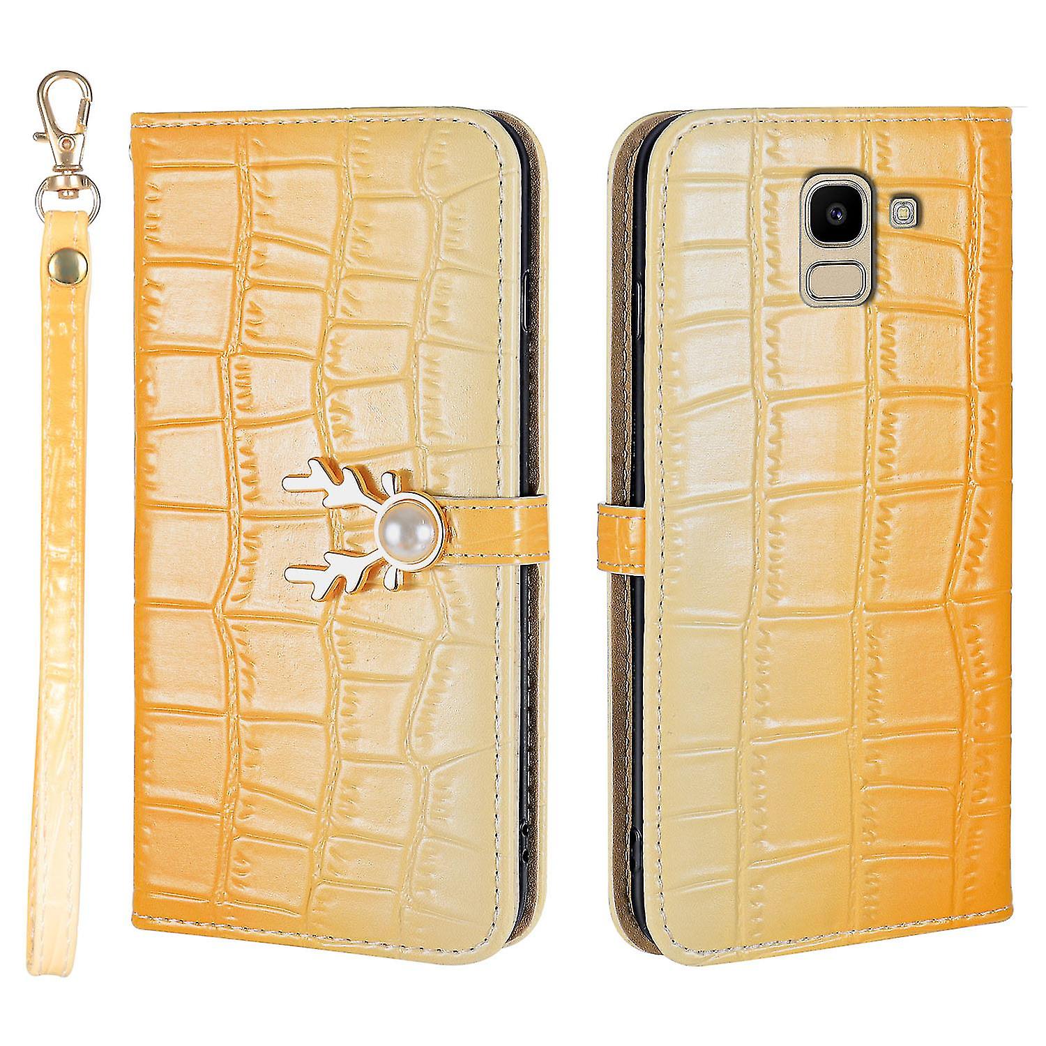 Elk Pattern Phone Case For Samsung Galaxy J6 2018 With Card Holder, Lanyard, Pu Leather Material, Wallet Function, Corner Fall Protection