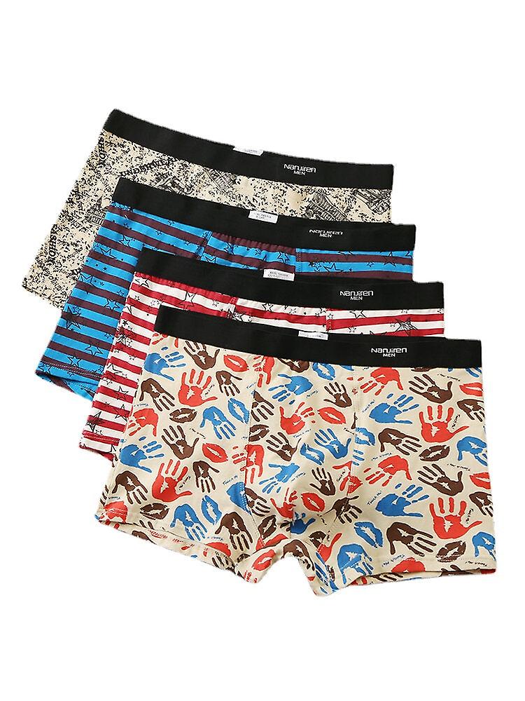 4Pcs Men's Stripe Palm Print Modal Boxers With Pouch - Cozy Underwear
