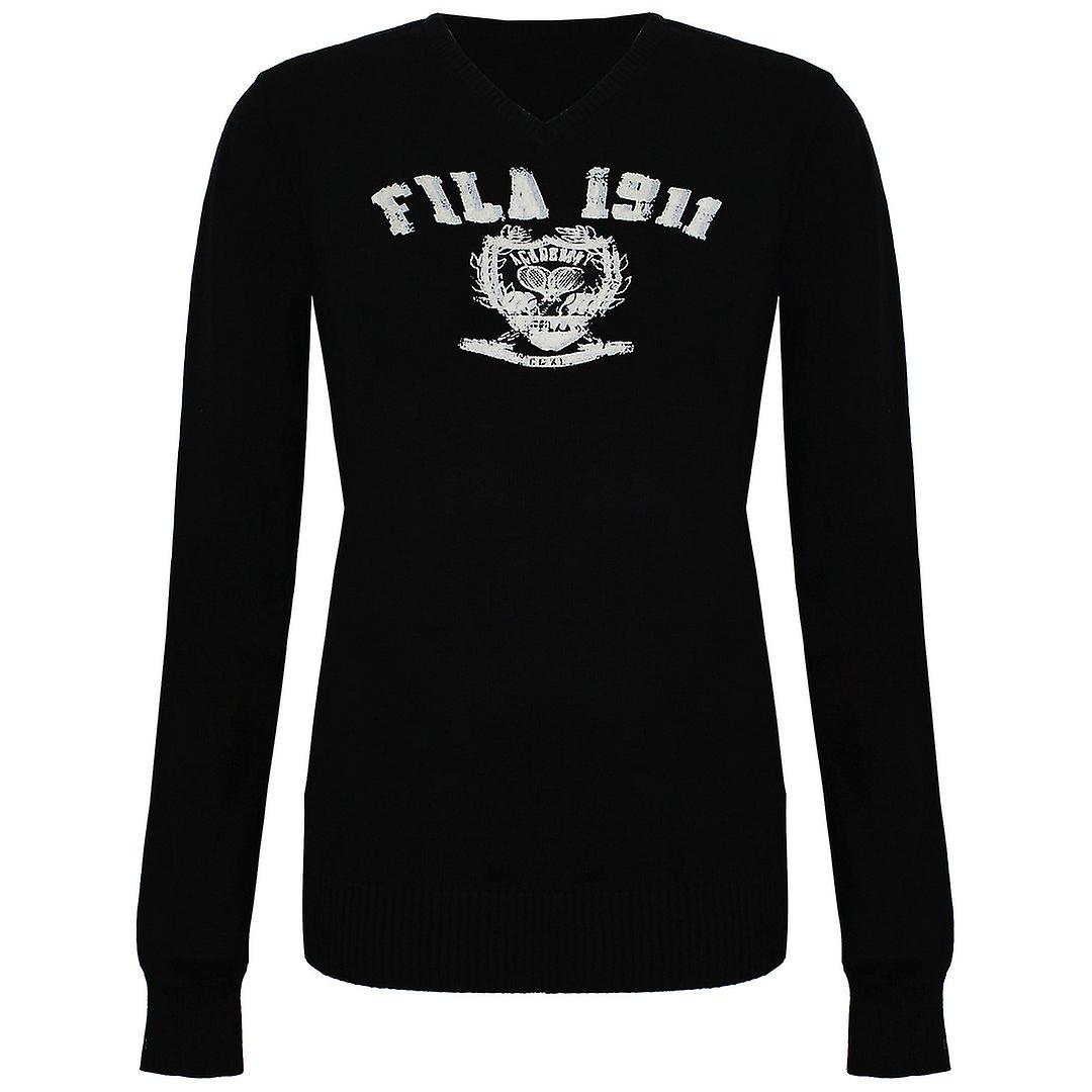 Fila Graphic Logo Long Sleeve V-Neck Black Pullover Womens Sweaters U91031 001