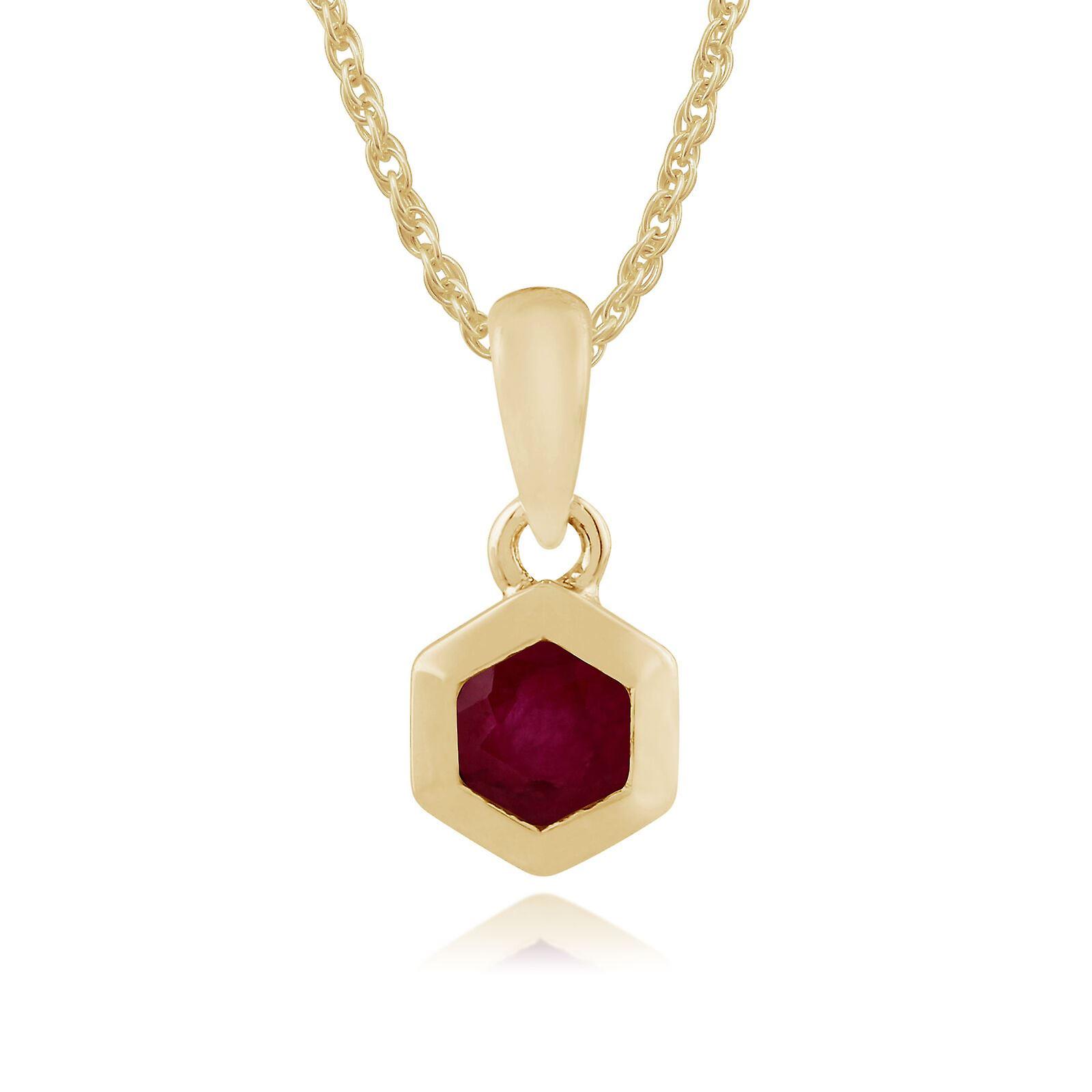 Geometric Hexagon Ruby Bezel Set Pendant Necklace in 9ct Yellow Gold 135P1598039