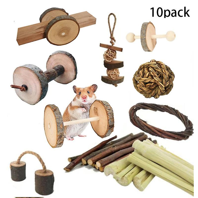 10 Pcs Natural Small Pet Chew Toys, Wooden Small Animal Toys for Rabbit, Hamster, Mouse, Gerbil, Guinea Pig (Natural)