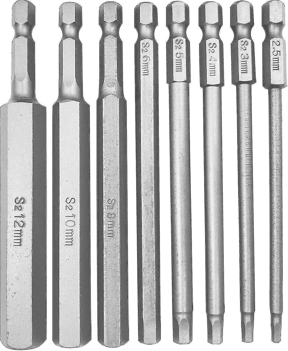 8-Piece 100mm Long Hex Shank Magnetic Screwdriver Bit Set - Sizes H2.5 to H12