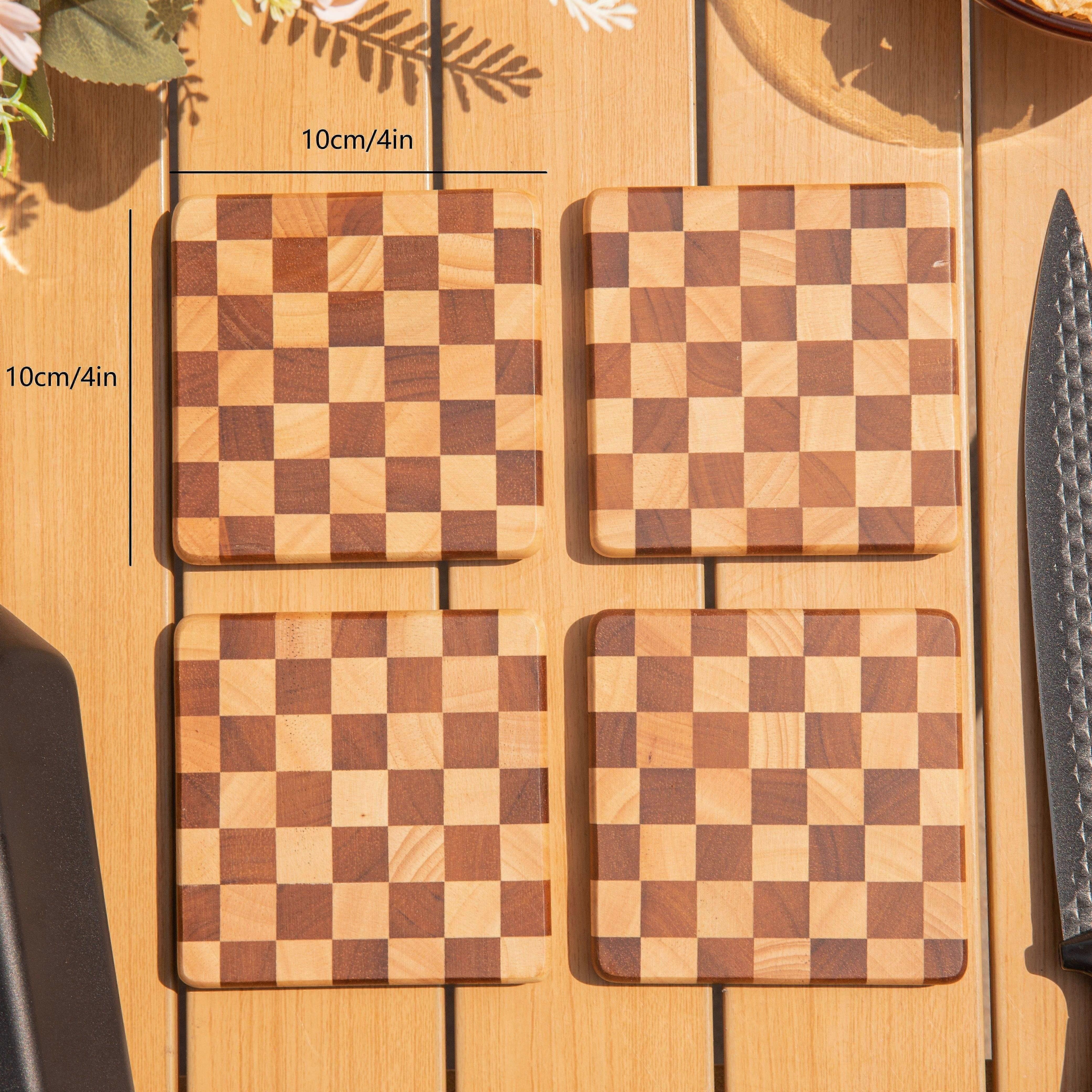 4pcs炭化ラバーウッド市松模様のコースター、正方形の断熱マット、火傷防止マット