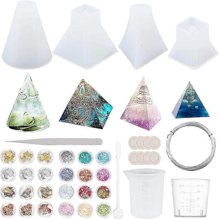 52pcs 4 Style Pyramid Molds Kit Cone Resin Silicone Molds with Glitter Accessories Crafting Tools Cone Pyramid Resin Molds Set Epoxy Casting Molds for