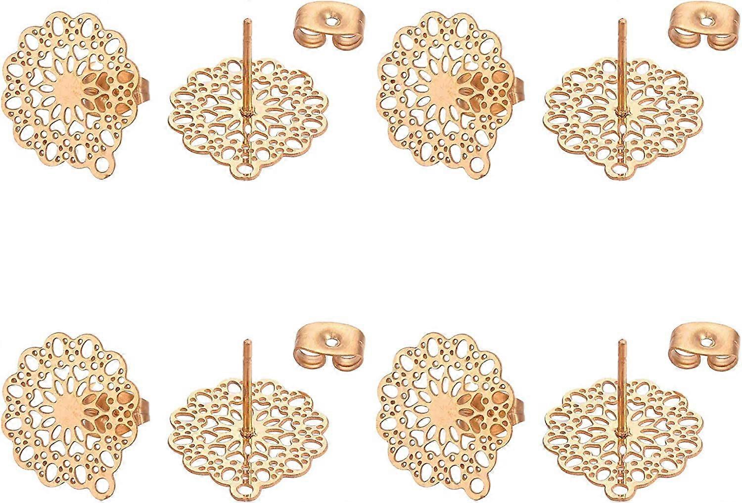 20pcs Golden Flower Stud Earring Findings 304 Stainless Steel Filigree Ear Stud Component with Loop Butterfly Stoppers Ear Nuts 0.7mm Pin Earring for 