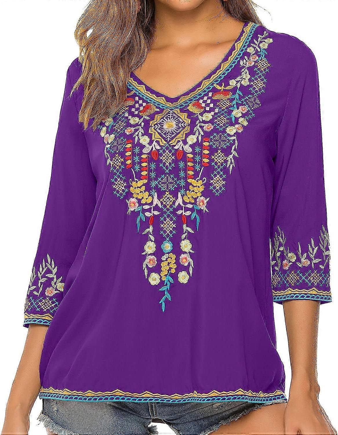Women's Mexican Embroidered Boho Top - 3/4 Sleeve Peasant Blouse