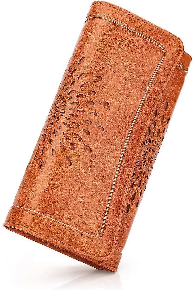 محفظة نسائية عتيقة محفظة جلدية مقلدة محفظة حماية RFID محفظة نسائية طويلة محفظة نسائية كبيرة مع زر,بني