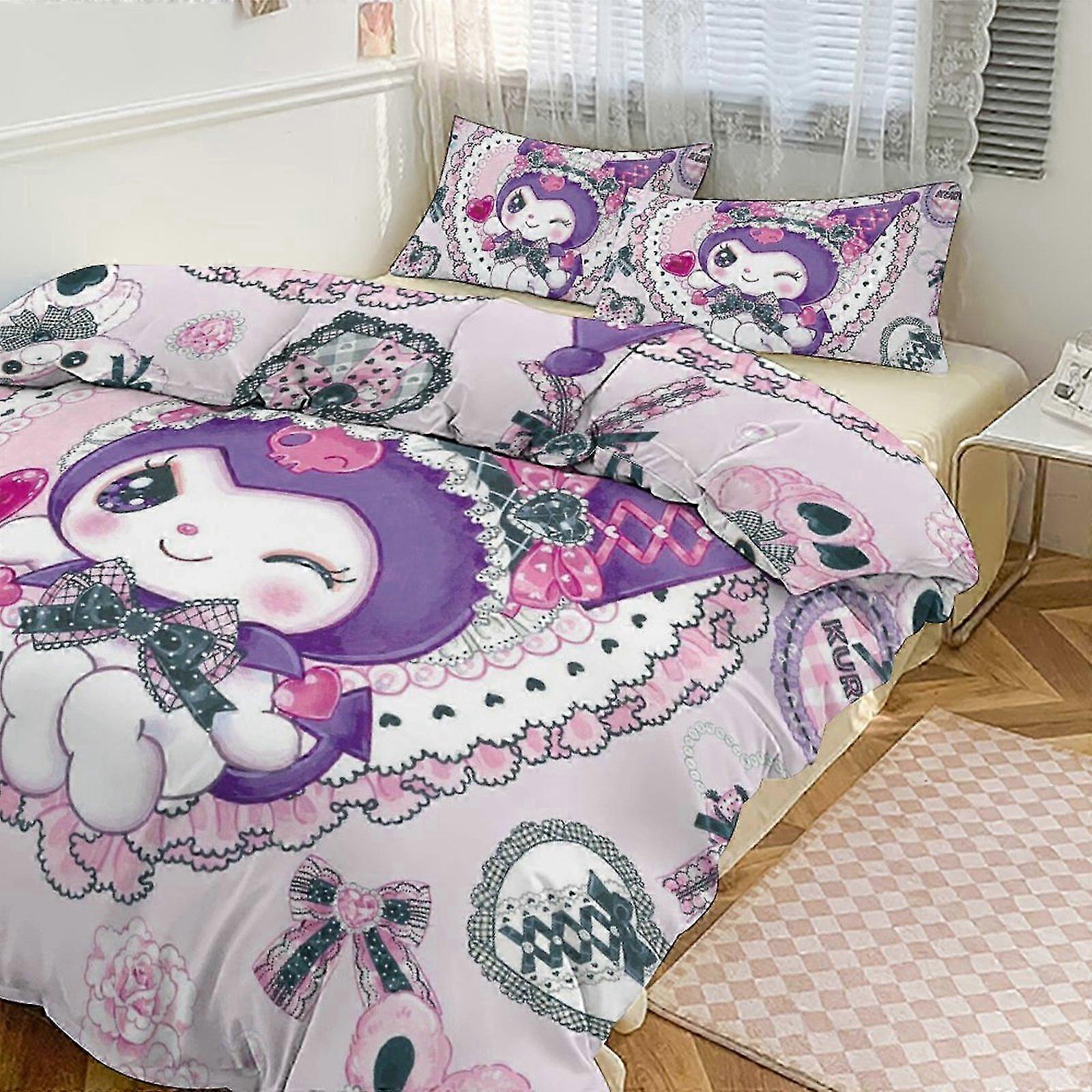 Bed Sheets Kuromi Print Bedding Set Pattern Duvet Cove Set 3 Pieces 1 Quilt Cover And 2 Pillowcases for Women Men Teens Multiple sizes to choose from