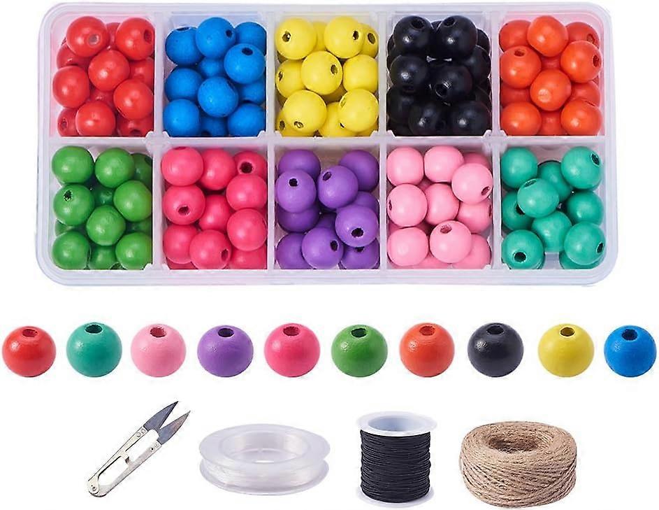 160 Pcs Dyed Round Wood Beads Wooden Loose Spacer Beads 10 Colors with Elastic Cord Jute Cord Scissors for Jewelry Making DIY Handmade Craft