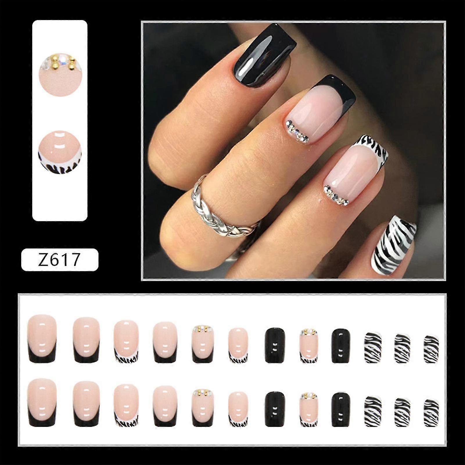 Zebra Prints Short Square False Nails Plastic Nails Glossy Glue On Fake Nails  Jelly Glue Model