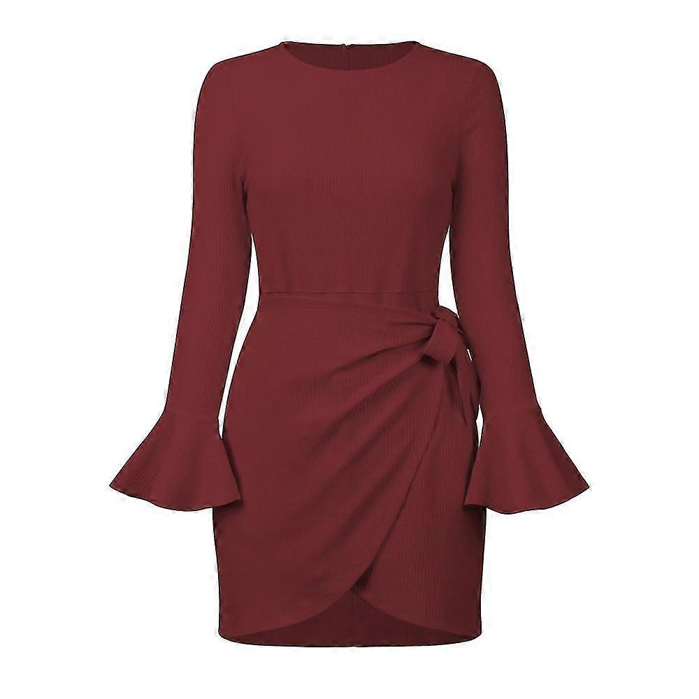 Casual Long-sleeved Frilly Wrap Skirt Crew Neck Belted Waist Short Skirt Solid Color Party Dress