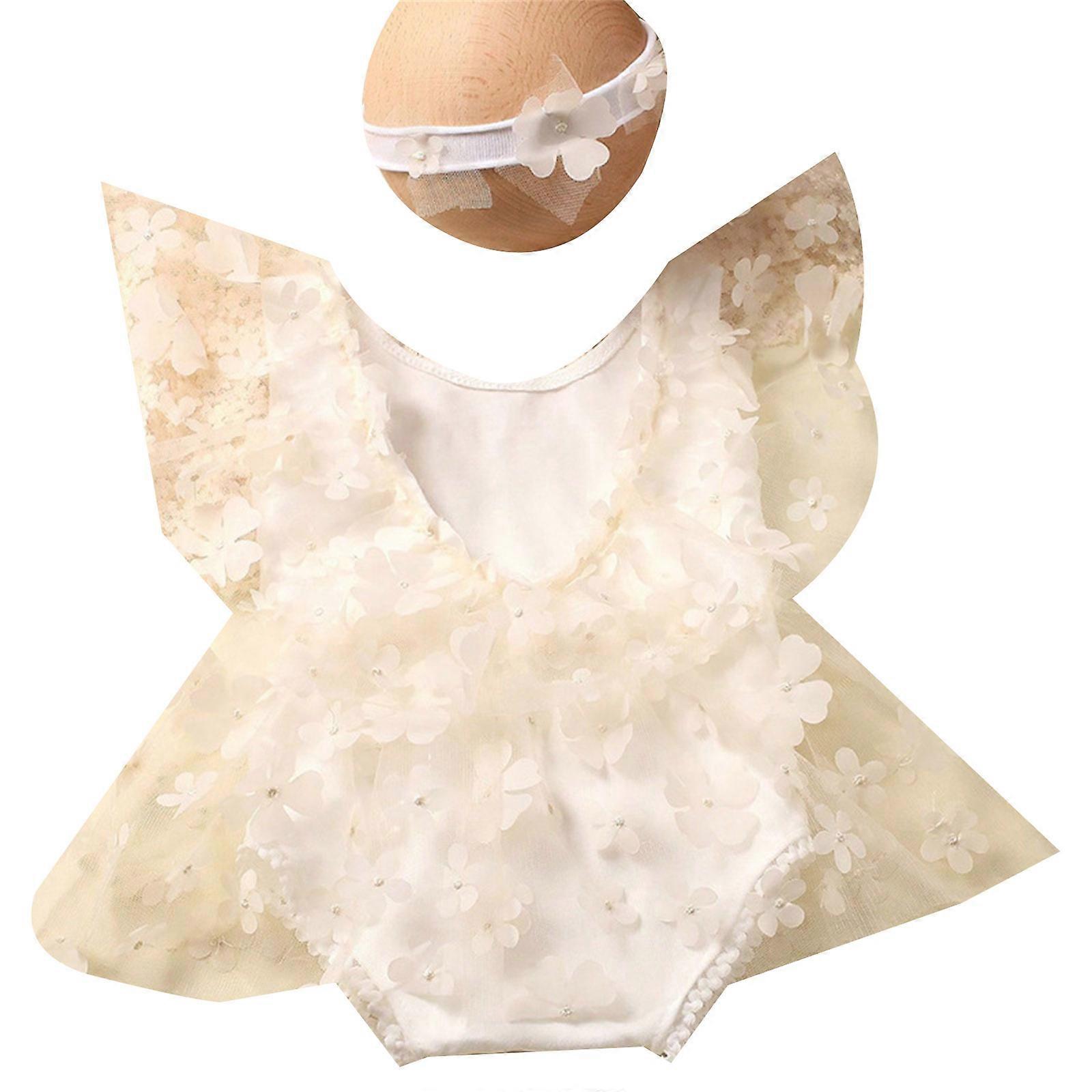 Baby Photo Clothing Princess Tutu Jumpsuit Flower Headdress Newborns Photo Romper Shower Party Wear Posing Accessories  milky white