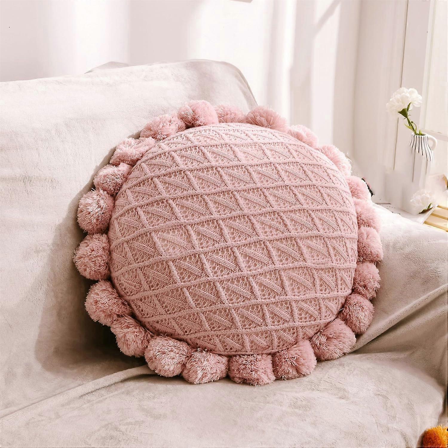 Bohemian Round Throw Pillow Hand Tufted With Chunky Textured Poms Natural Pink 20 Inch Cushion