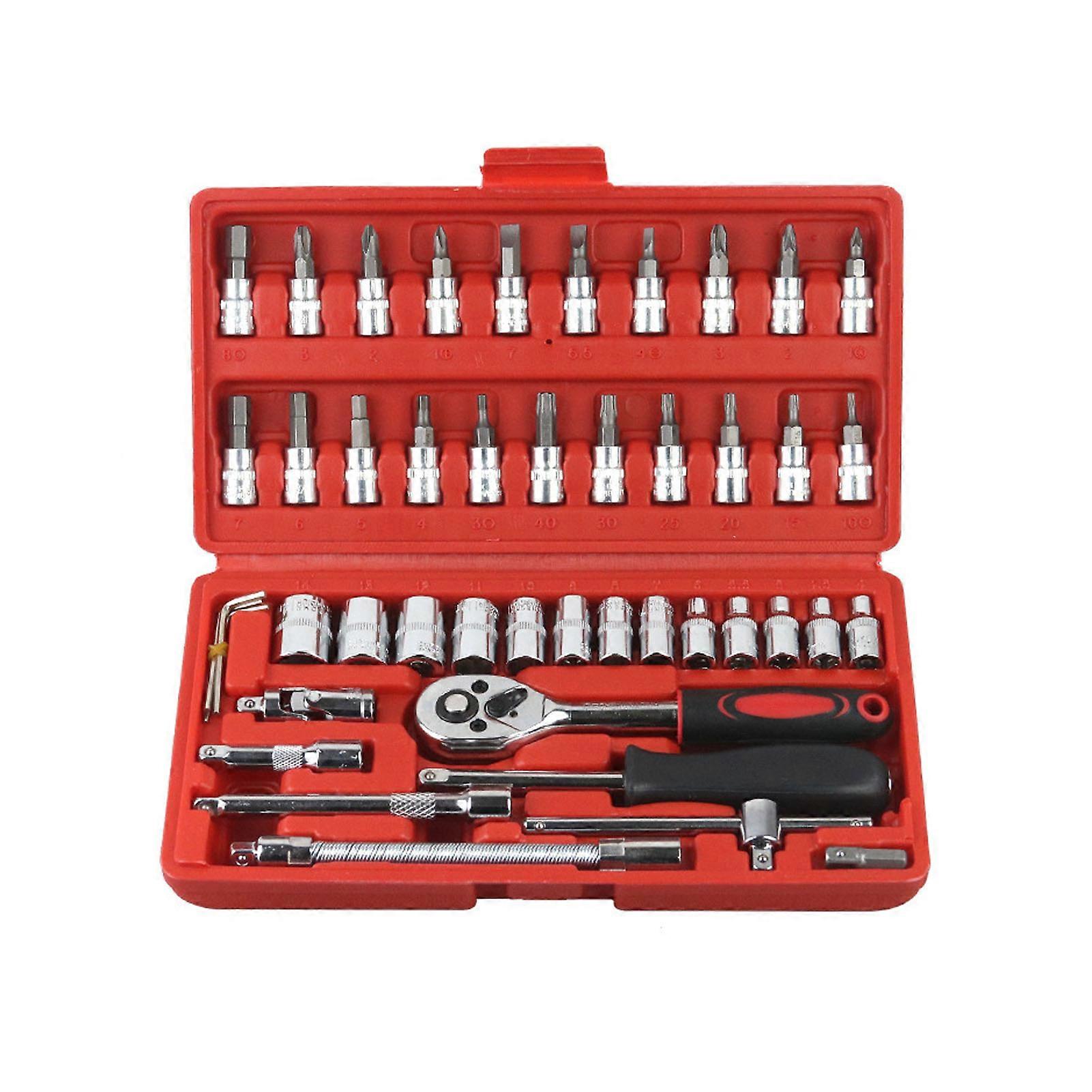 46 Pcs Drive Socket Wrench Set with Ratchet Metric Spinner Handle Adaptor Screwdriver Kit Auto Repairing Tool