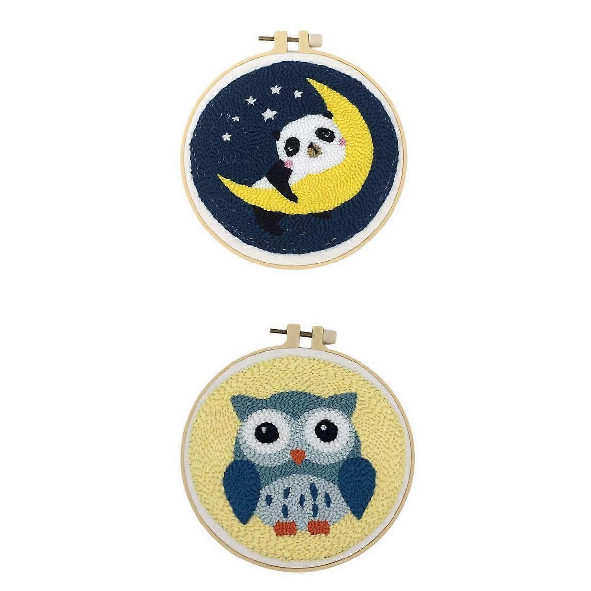 2x Lovely Animal Punch Needle Starter Kits with Basic Tools Hand Craft