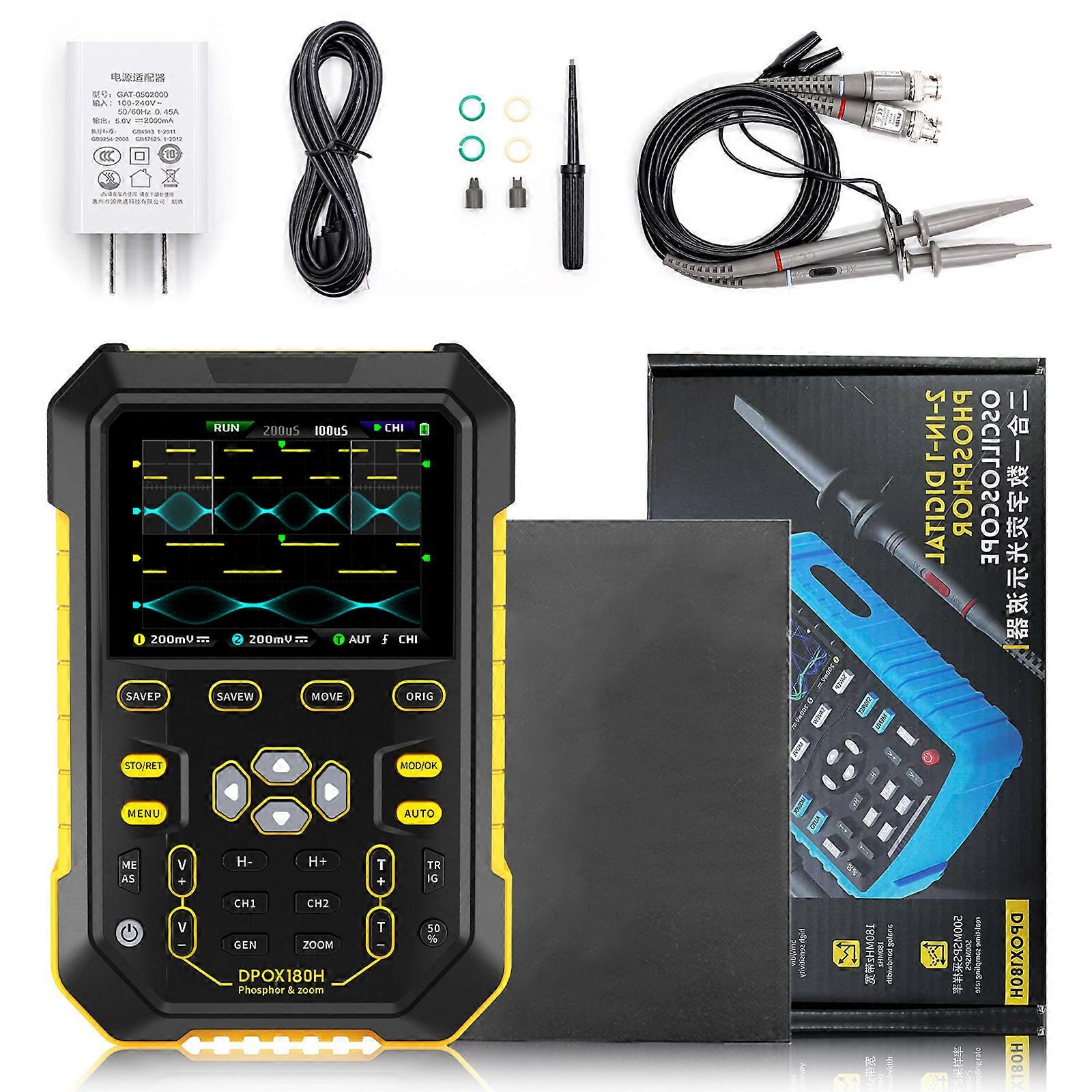 Digital Oscilloscope with 2 Channels 180Mhz Bandwidth Signal Generator 500MSa/s Sampling Rate,Backlight Display Yellow