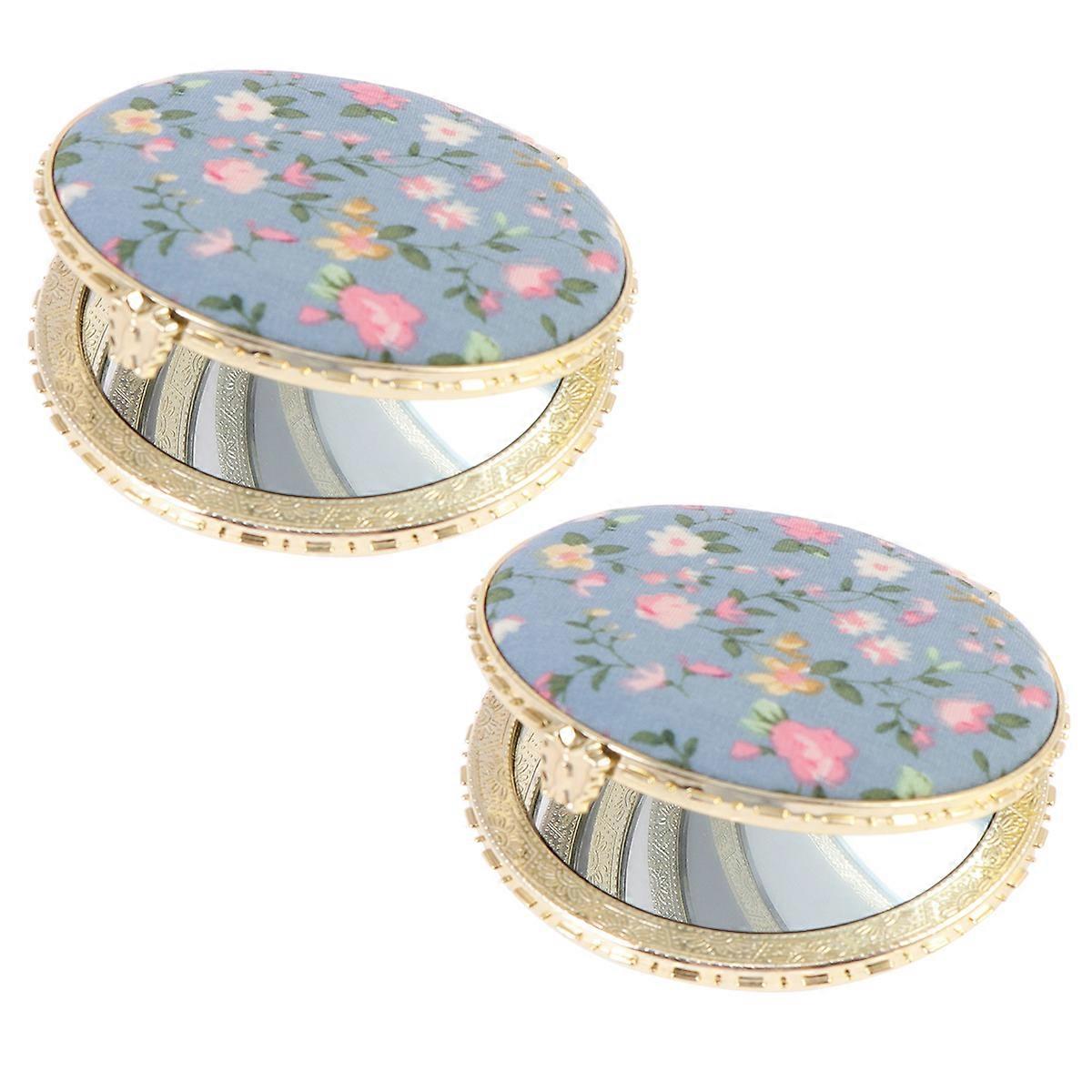 Compact Mirror Double-Sided Folding Mirror Retro Creative Circular Blue 8X7cm For Women Daily Use 2Pcs