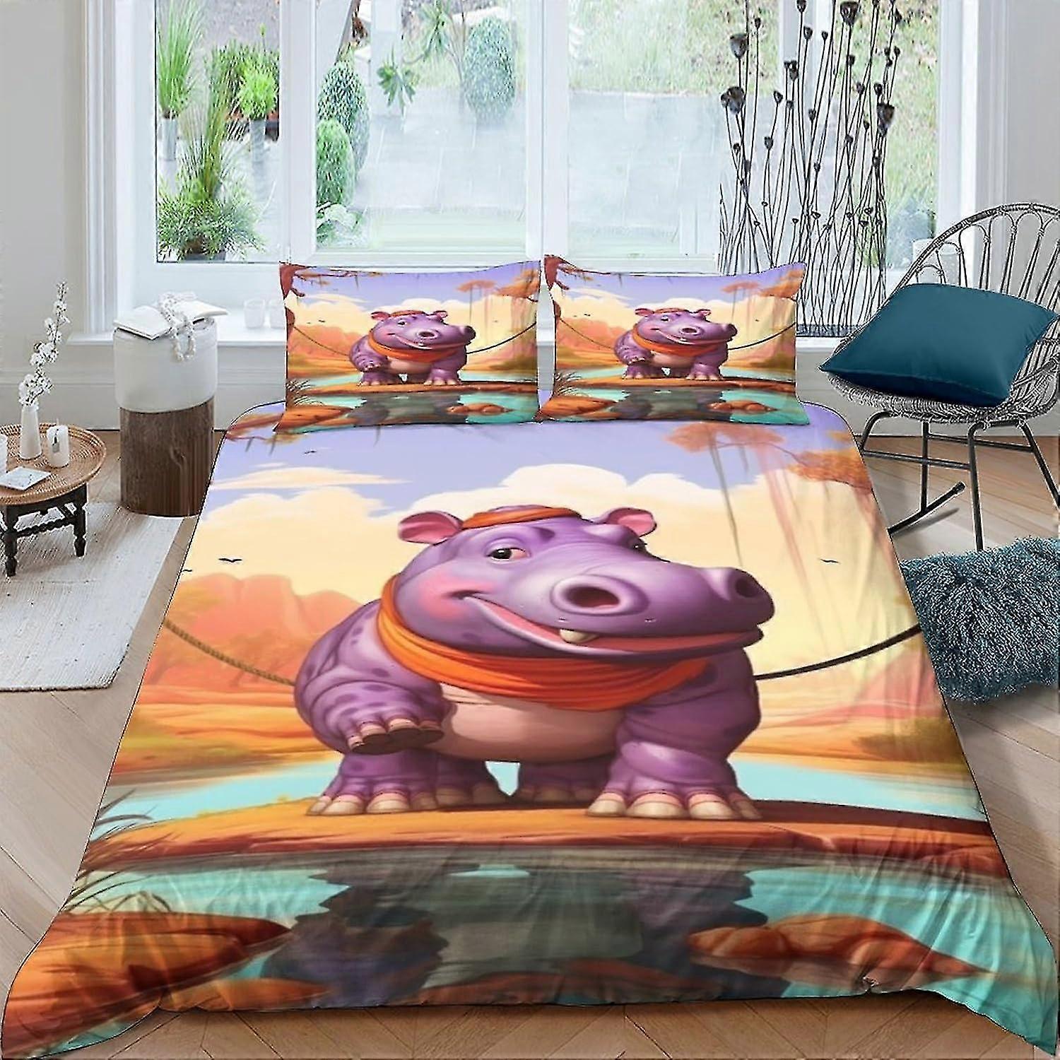 Capa de edredão animal hipopótamo 3D Conjunto de 3 peças Conjunto de cama antialérgico unilateral Capa de colcha de microfibra macia com fecho de zíper para decoração de cama