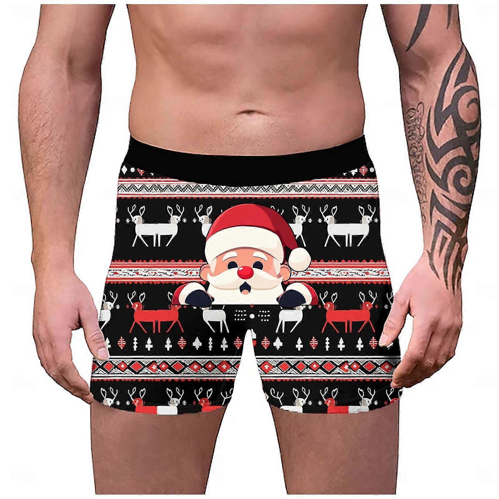 Christmas Men's Underwear, Printed, Breathable Comfort, Medium Rise, Boyshort Style, Retro Black, Size 3XL
