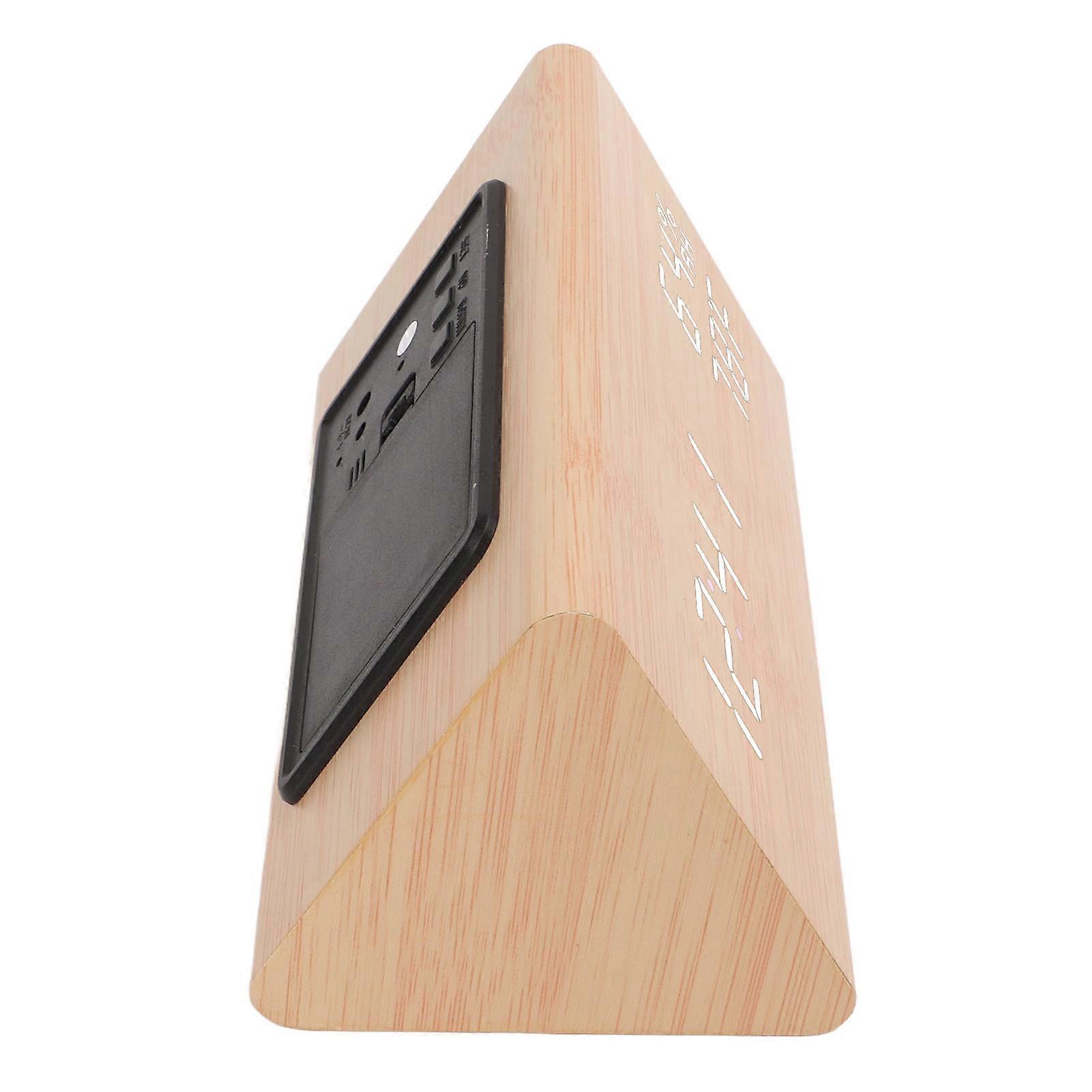 Triangular Digital Wooden Clock Time Date Temperature Humidity Display Alarm Function Voice Control LED Wood Clock