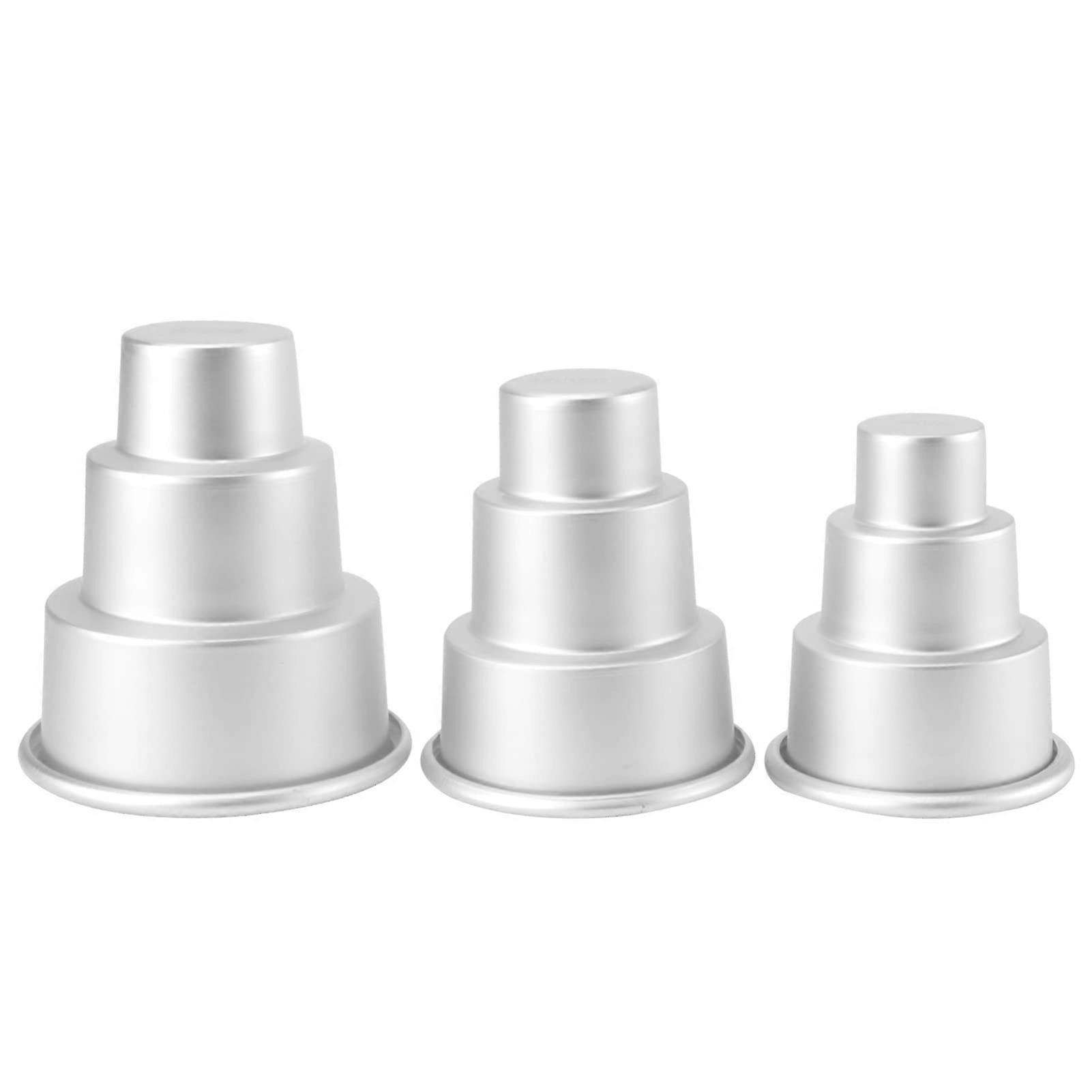 3Piece Round Aluminum Cake Pan Set, Tiered Pudding and Cupcake Baking Molds for Home and Bakeries, Silver, Small Medium Large